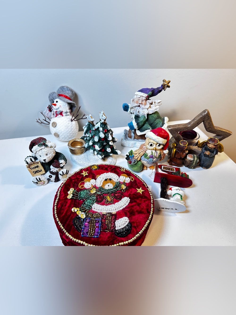 Christmas Holiday Figurines & Decor Lot with Beaded Santa Keepsake Box